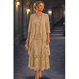 Two Piece A-Line Ankle Length Tea Length Mother of the Bride Dress 3/4 Length Sleeve Half Sleeve Scoop Neck Elegant Simple Luxurious Formal Wedding Guest Chiff