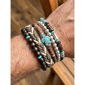 Men's Boho Wood  Alloy Sea Turtle Layered Bracelet Set, 5PCS Stackable Beaded Bracelets for Beach Vacation, Travel, Festival, Resort and Casual Summer Wear