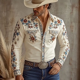 Men's Floral Florals Shirt Western Shirt Cowboy Shirt Long Sleeve Vintage Western Casual Outdoor Spring Fall Turndown Front Two Pockets Linen Like Shirt Button