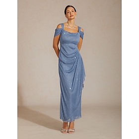 Women's Maxi Dress Tulle Dress Elegant Evening Party Wedding Wedding Guest Ruffle Glitter Solid Color Sleeveless Strap Cold Shoulder Dusty Blue