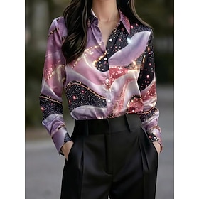 Halloween Women's Satin Shirt Satin Top Summer Tops Graphic Geometric Color Block Vintage Stylish Basic Long Sleeve Shirt Collar Regular Tops Daily Holiday Whi