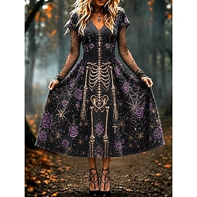 Halloween Women's Midi Dress A Line Dress Party Casual Party Holiday Regular Fit Floral Skull Short Sleeve V Neck Black Fall Winter