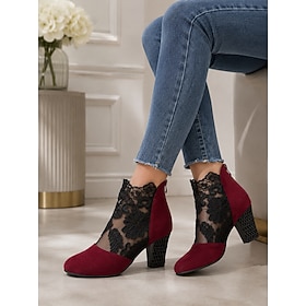 Women's Black Ankle Boots with Floral Lace, Faux Suede Upper and Rhinestone Block Heel, Elegant Closed-Toe Dress Booties for Mature Women, Wedding Guest, Party