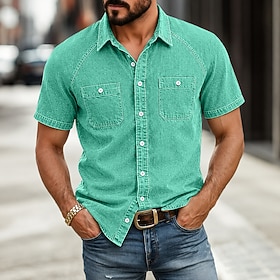DenimTone™ Men's Collared Washed Stretch Denim Shirt Stretch Comfort Easy Movement Short Sleeve 2-Pocket Summer-to-Fall Casual