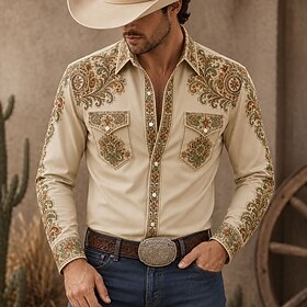Men's FloralPlants Cowboy Western Shirt Button Up Shirt Long Sleeve Vintage Western Dailywear Spring Fall Winter Collared Shirts 3D Print Retro Dark Brown Ligh