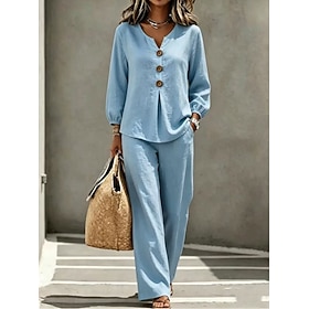 Women's Pants Sets Long Sleeve V Neck Plain Vacation Daily Stylish Casual Daily Khaki Yellow Pink Spring
