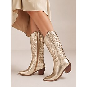 Women's Metallic Gold Cowboy Boots, Embroidered Pointed Toe Knee High Western Boots with Side Zipper and Chunky Heel for Cowgirls, Country Concerts, Rodeos Fe