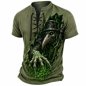 Halloween Men's Skull Henley Shirt T shirt Tee Short Sleeve T shirt 3D Print Lace Up Neck Henley Shirt Retro Vintage Dark Casual Daily Party Dark Green Green K
