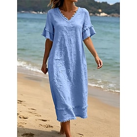 Women's Midi Dress Washed Dress Cotton Blend Casual Daily Loose Fit Plain Short Sleeve V Neck claret Black Pink Sky Blue Summer