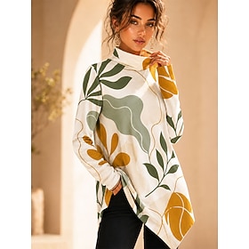 Women's T Shirt Blouse Print Floral Graphic Elegant Vacation Daily Long Sleeve Turtleneck High Neck Long Tops Casual Daily Blue White Red Green Summer Spring F