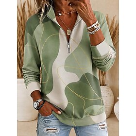 Women's Pullover Sweatshirt Zipper Graphic Geometric Casual Long Sleeve Half Zip Regular Tops Casual Dailywear Holiday Green Spring Fall