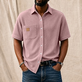 Men Shirt Casual Shirt Corduroy Shirt Button Up Shirt Black Light Green Pink Navy Blue Apricot Short Sleeve Plain Shirt Collar Casual Daily Front Pocket Clothi