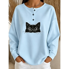Women's Pullover Sweatshirt Print Graphic Cat Warm Active Vintage Long Sleeve Crew Neck Round Neck Regular Tops Casual Street Dailywear Blue Spring Fall Winter