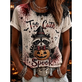Halloween Women's T Shirt Color Block Print Graphic Animal Vintage Stylish Classic Short Sleeve Crew Neck Regular Tops Casual Daily Light Beige Light Purple Fa