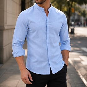 Men's Shirt Dress Shirt Button Up Shirt Color Block Casual Daily White Light Blue Black Pink Long Sleeve Grandad Collar All Seasons Clothing Apparel Plain