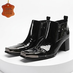 Men's Premium Genuine Leather Black Patent Ankle Boots, Buckle Strap Pointed Toe Dress Style for Weddings, Formal Events, Clubs and Evening Wear