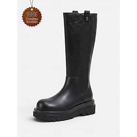 Women's Leather Knee High Chelsea Boots Height Increasing Wide Calf for Daily Wear