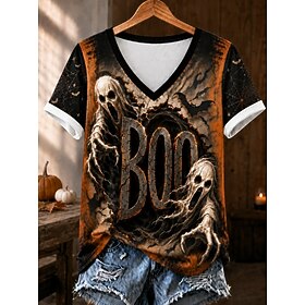 Halloween Women's T Shirt Print Graphic Skull Halloween Vintage Stylish Classic Short Sleeve V Neck Regular Tops Casual Daily Weekend Brown Fall Winter