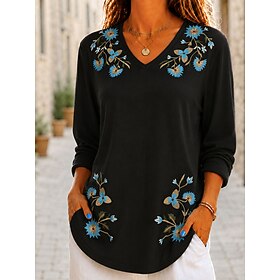 Women's Embroidered Tunic Summer Tops Ruched Ombre Floral Elegant Bohemia Vacation Long Sleeve V Neck Regular Tops Casual Black Summer Spring Fall