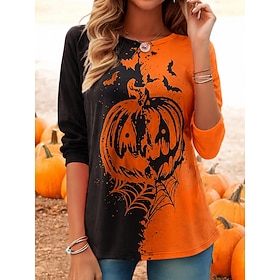Halloween Women's T Shirt Print Graphic Pumpkin Vintage Fashion Modern Long Sleeve Crew Neck Regular Tops Casual Daily Blue Purple Orange Green Fall Winter
