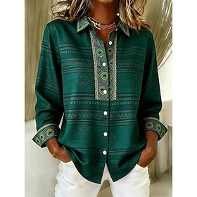 Women's Shirt Blouse Patchwork Buttons Print Floral Graphic Bohemia Vacation Vintage Long Sleeve Shirt Collar Long Tops Casual Daily Blue Green Summer Spring F