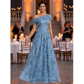 A-Line Dress Floor Length Mother of the Bride Dress Sleeveless Off Shoulder Elegant Vintage Luxurious Formal Wedding Guest Semi Formal Lace with 3D Flowers Ruc