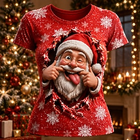 Christmas Women's T Shirt Print Graphic Santa Claus Vintage Stylish Casual Short Sleeve Crew Neck Regular Tops Casual Daily Weekend Blue Red Purple Summer Spri