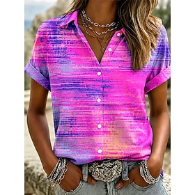 Women's Shirt Buttons Print Graphic Abstract Vintage Daily Stylish Short Sleeve Shirt Collar Crop Tops Casual Daily Blue Fuchsia Green Summer Spring