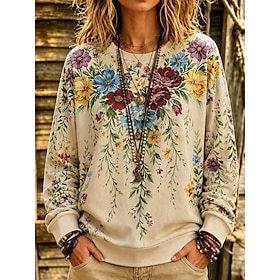 Women's Sweatshirts Print Floral Graphic Active Vintage Fashion Long Sleeve Crew Neck Regular Tops Casual Home Blue Black Green Beige Spring Fall Winter