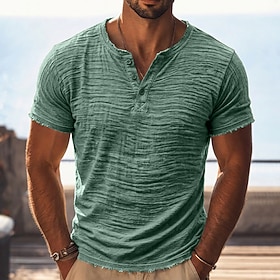 Men's T Shirt Cotton T Shirt Short Sleeve Henley Summer Spring Solid Color Textured Vacation Vintage Sports Raw Edge Casual Home Outdoor White Wine Green Top T