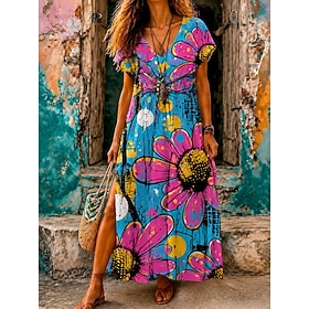 Women's Maxi Dress T Shirt Dress Tee Dress A Line Dress Casual Loose Fit Floral Graphic Short Sleeve V Neck Blue Red Orange Summer Spring