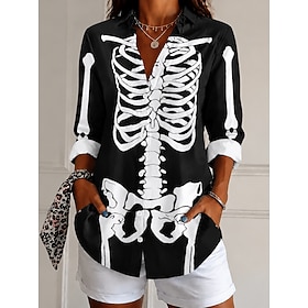 Halloween Women's Shirt Buttons Print Graphic Skull Stylish Classic Modern Long Sleeve Shirt Collar Regular Tops Casual Daily Holiday Black Wine Beige Spring F