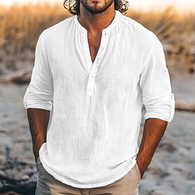 Men's Shirt Linen Shirt Summer Shirt Beach Shirt Solid Color Casual Vacation White Black Pink Orange Long Sleeve Henley Clothing Apparel Multiple Pockets