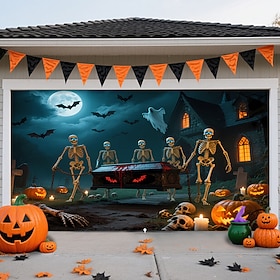 Halloween Garage Door Banner Decorations, Large Spooky Outdoor Garage Door Covers Backdrop Mural with Pumpkin Skeleton Ghost Spider, Happy Halloween Holiday Pa