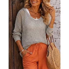 Women's Eyelet Top Eyelet Knit Bohemia Long Sleeve V Neck Casual Beach Blue Yellow Red Green Grey Summer Spring Fall