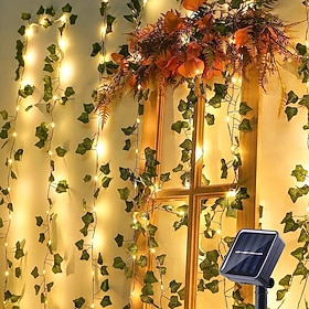 Solar Powered Ivy Vine String Lights, Waterproof Copper Wire Artificial Pothos Leaf Garland Fairy Lights, Outdoor Hanging Decor for Garden Yard Balcony Wall