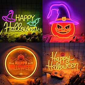 Halloween Neon Sign for Wall Decor, Pumpkin Witch Hat Bat Candy LED Neon Light, USB Powered Dimmable Hanging Sign for Bedroom, Living Room, Bar, Man Cave, Hall