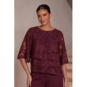 Women's Blouses Crew Neck Half Sleeve Flutter Sleeve Casual Daily Mother Of The Bride Wedding Guest with Burnout Floral Tiered Ruffle Hem Burgundy
