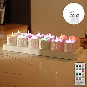 12 Pcs USB Rechargeable Flameless Candles, Dripping Wax LED Tea Lights with Remote, Timer, Adjustable Brightness, Steady and Flickering Modes for Halloween, Ch