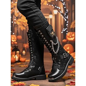 Men's Black Knee-High Lace-Up Combat Boots with Chain, Stud and Buckle Details, Gothic Punk Style for Alternative Men, Halloween Parties, Cosplay and Rock Conc