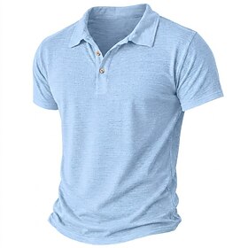 Men's Linen Shirt Polo Shirts Casual Vacation Classic Short Sleeve Vacation Fashion Plain Textured Buttons Summer Spring Regular Blue Lake blue Black Pink Gree