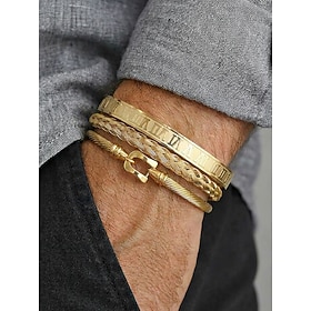 Men's 3-Piece Stainless Steel Open Cuff Bracelet Set , Roman Numeral, Braided  Cable Styles in Gold, Silver or Black for Casual Wear, Travel, Parties and Gifts