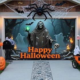 Halloween Garage Door Banner Decorations, Large Outdoor Garage Door Cover Backdrop Mural with Grim Reaper Skeleton Ghost Pumpkin, Spooky Holiday Party Supplies