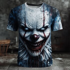 Halloween Men's Optical Illusion Creepy Clown Clown T Shirt Short Sleeve T shirt 3D Print Crew Neck Shirt Exaggerated Designer Horror Club Party Street Blue Pu