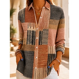Women's Waffle Shirt Casual Shirt Summer Tops Patchwork Buttons Print Ombre Floral Graphic Elegant Vintage Stylish Long Sleeve Turndown Regular Tops Casual Dai