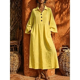 Women's Maxi Dress Shirt Dress Elegant Vacation Daily Holiday Loose Fit Plain 3/4 Length Sleeve Shirt Collar White Coffee brown Black Yellow Summer Spring