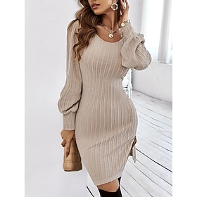 Women's Knee Length Dress Sweater Dress Bodycon Elegant Fashion Daily Outdoor Vacation Slim Plain Long Sleeve U Neck Apricot Fall Winter