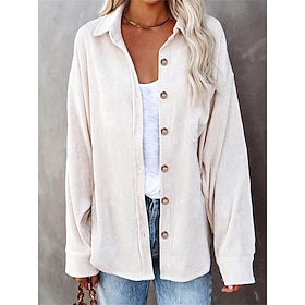 Women's Corduroy Shirt Pocket Buttons Solid Color Plain Vintage Cute Stylish Long Sleeve Shirt Collar Long Tops Casual Daily Work Blue White Black Army Green F