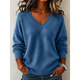 Women's Sweater Pullover Fashion Streetwear Casual Solid Color V Neck Knitted Long Sleeve Regular Tops Knit Daily Holiday Going out Blue White Fall Winter
