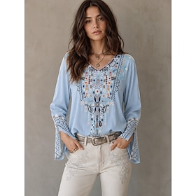 Women's Embroidered Cotton Shirt Boho Shirt Floral Bohemia Vacation Vintage Long Sleeve V Neck Long Tops Casual Light Blue Summer Spring Fall Winter